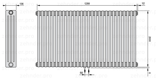 Схема (чертеж) Радиатор Zehnder Charleston 4200/28 №5410 Белый глянцевый RAL 9016